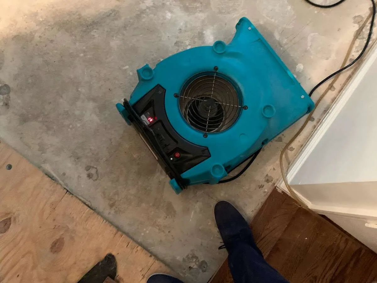 Air mover drying subfloor during Leak Detection & Repair in Morris